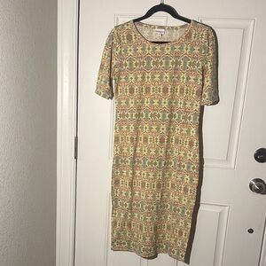 LuLaRoe Short-Sleeve Midi Dress in Green and Cream Geometric Print